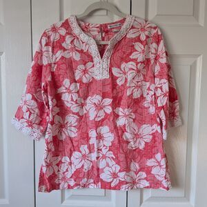 Rebecca Malone Floral Crochet Trim Tunic XL Coastal Chic Summer Beach Cotton